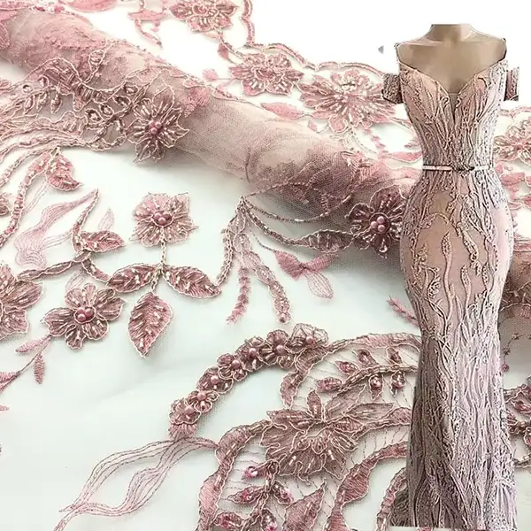 Custom Luxury Heavy Made Embroidery Tulle Beads Lace Mesh Beaded Fabric